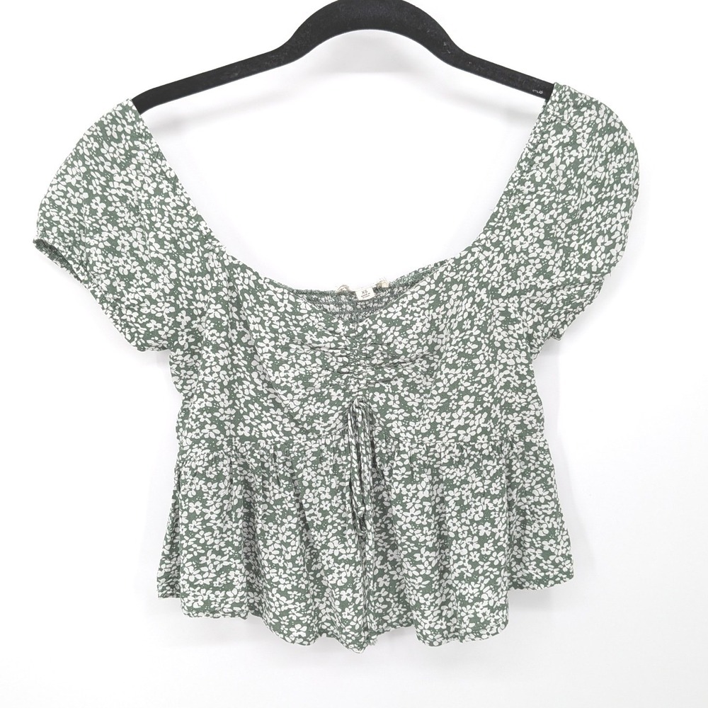 Y2K Cottagecore Crop Top Womens XS Green Floral Ruched Peplum Short Sleeve Boho